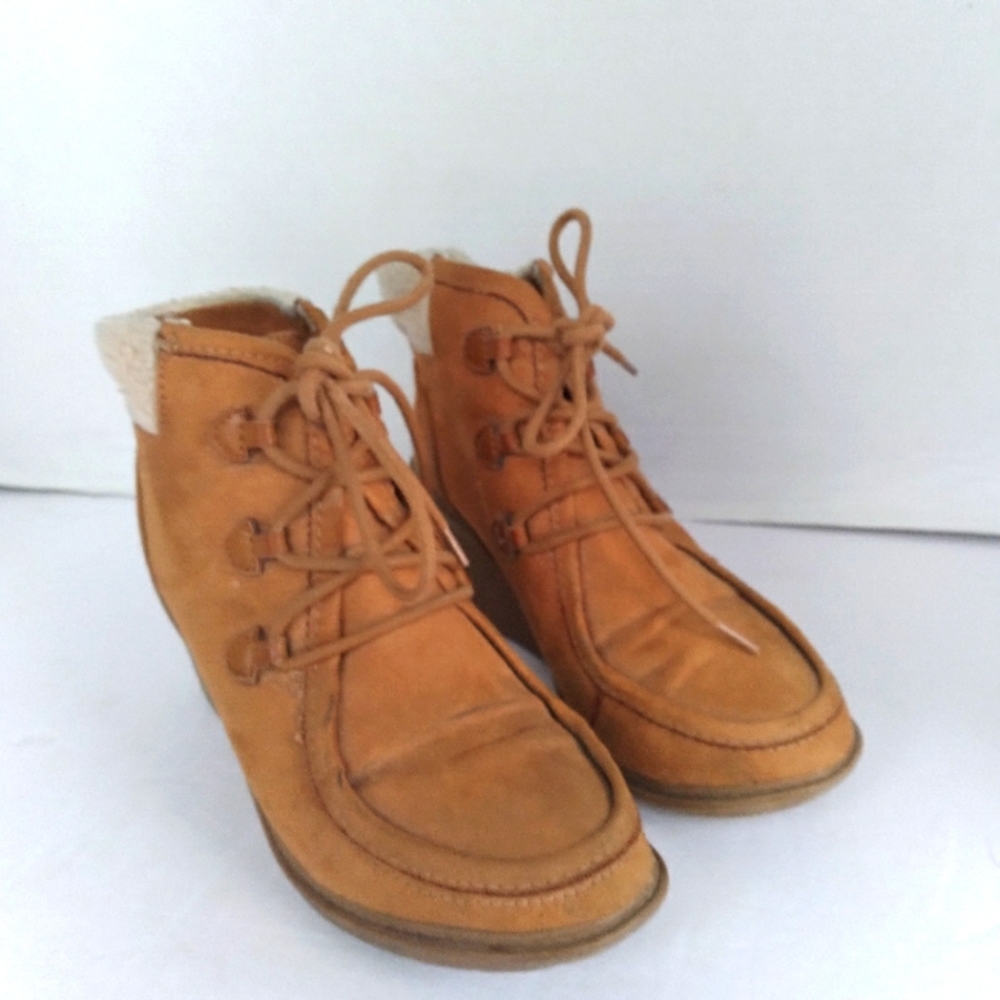 Ankle Wedge Boots Lace Up Faux Suede Sherpa‎ Trim Comfy Casual